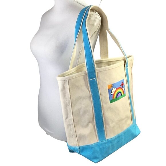 Lands End Canvas Tote NWT Embroidered Rainbow Open Top Natural Turquoise Medium - Picture 2 of 10